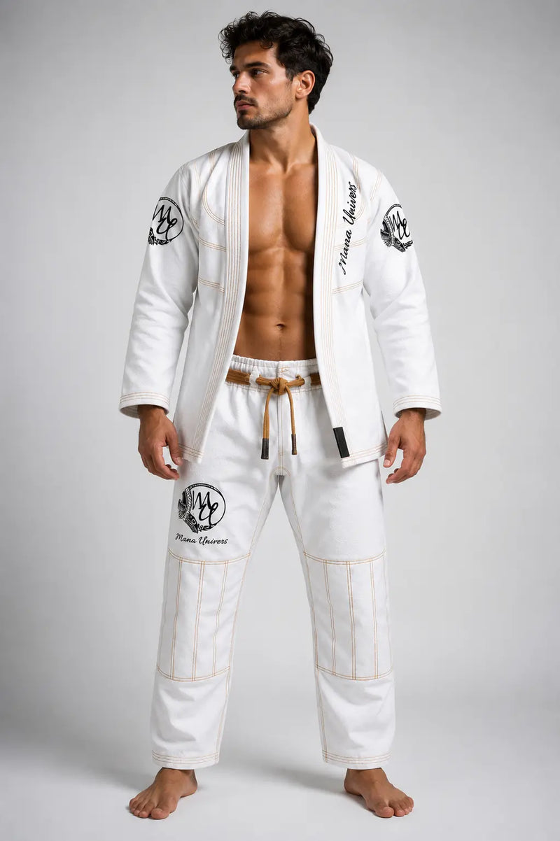 Kimono JJB Mana Toa blanc porté de face veste ouverte